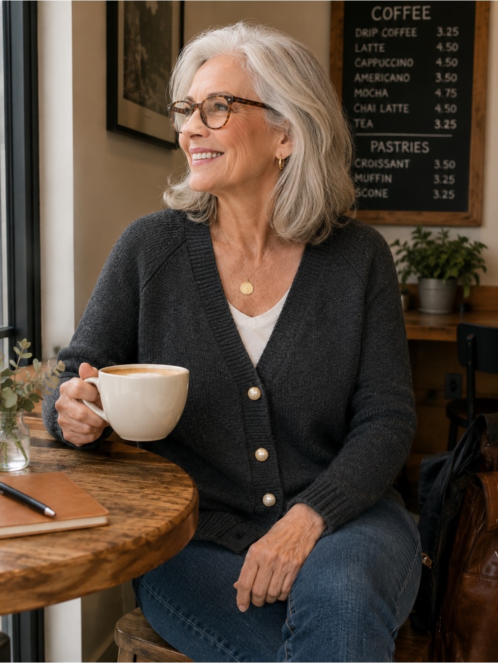 CAbi Charcoal Gray V-Neck Cardigan with Pearl Buttons